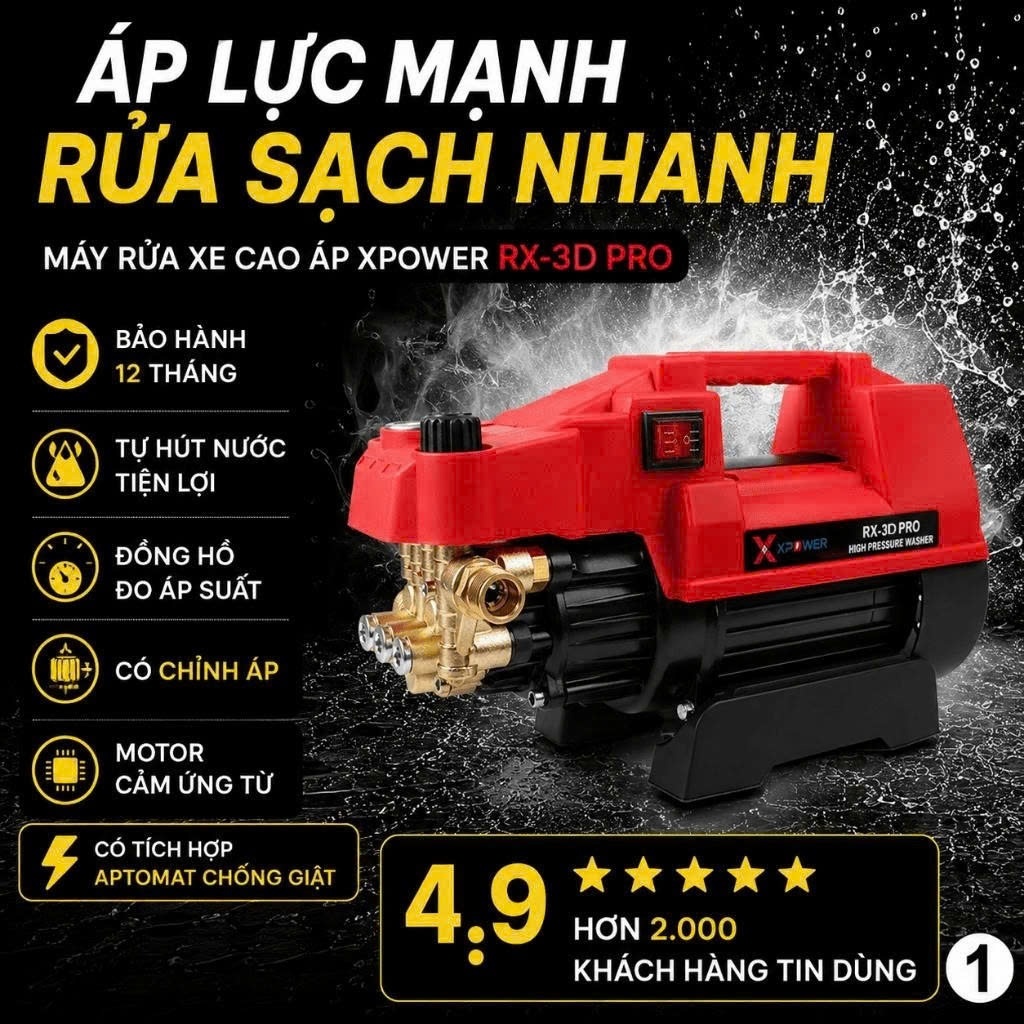 Máy Rửa Xe Cao Áp XPOWER RX-3D Pro 170Bar Động Cơ Cảm Ứng Từ Chỉnh Áp Tự Hút Nước Chống Giật Dây 15M