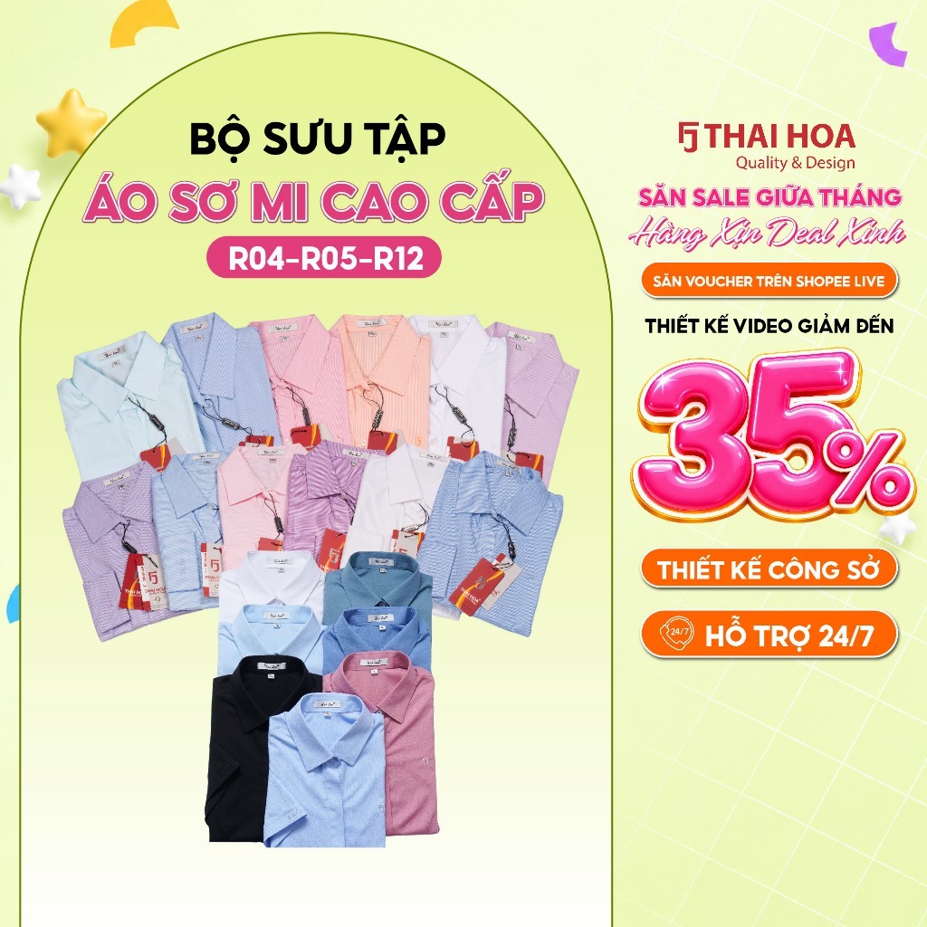 Áo sơ mi họa tiết kẻ sợi tre R12 và áo cotton kẻ tăm Thái Hòa (R04, R05) thời trang, đa dạng phong c