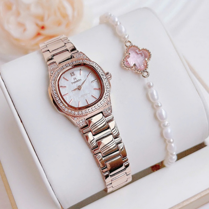 Set Đồng Hồ Nữ Franklin FL5388 Dây Vàng Hồng Mặt Trắng Xà Cừ Size 26mm Tặng Kèm Lắc Tay