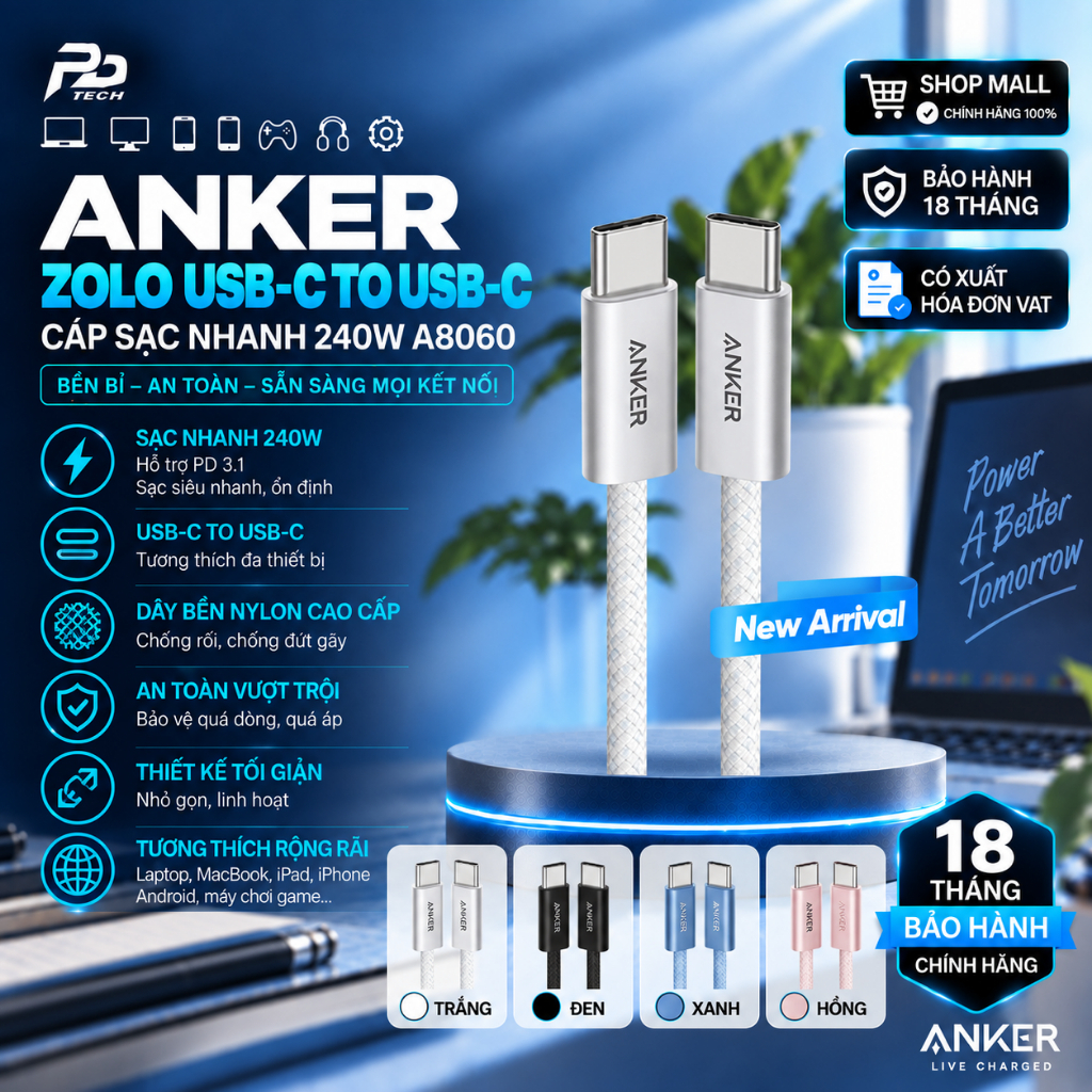 [ANKER] [iPhone 15-17 -Android -Laptop] Cáp sạc nhanh ANKER Zolo USB-C to USB-C | Công suất 240W | C