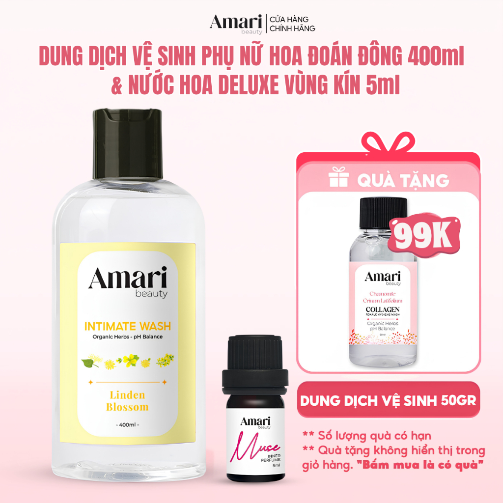 Combo Dung Dịch Vệ Sinh Phụ Nữ  Collagen 400ml Và Nước Hoa Vùng Kín Amari Beauty 5ml