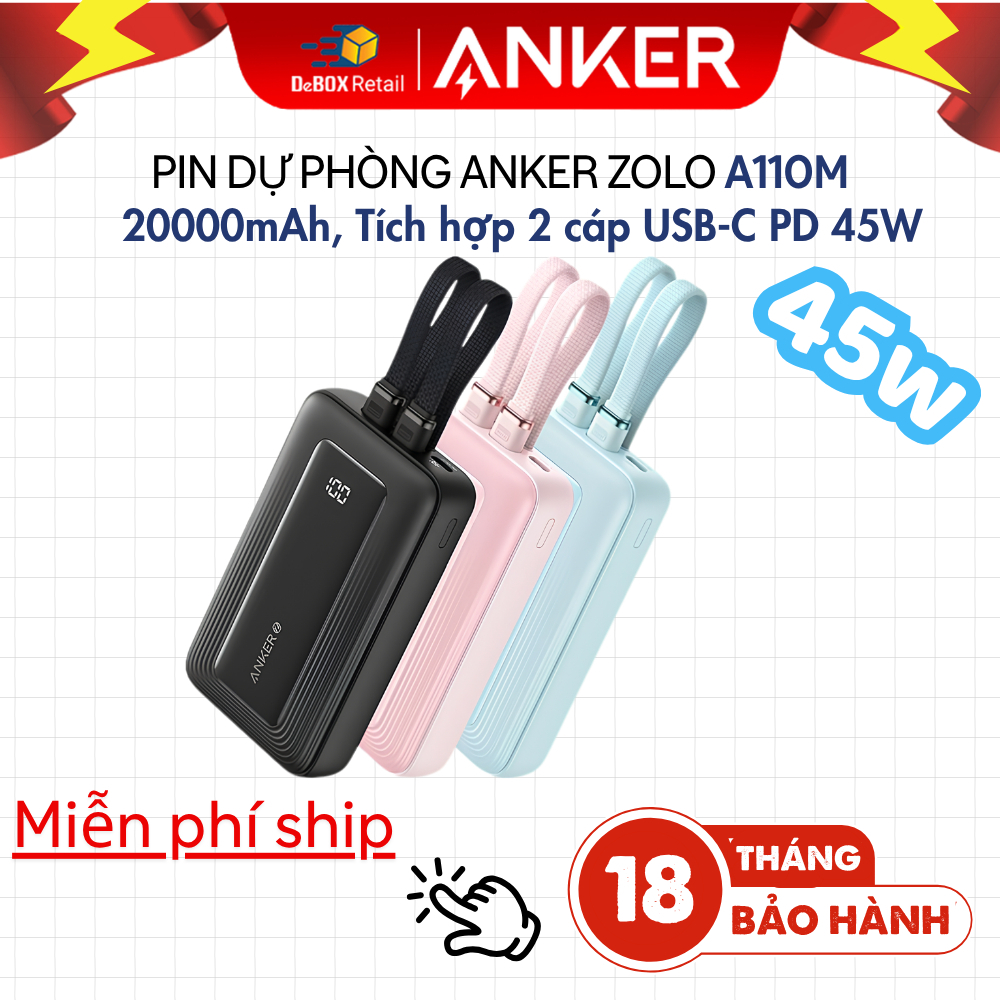 Pin Dự Phòng ANKER Zolo A110M | 20000mAh, 45W, Tích Hợp 2 Cáp USB-C ,Sạc Nhanh PD ,Màn Hình LED