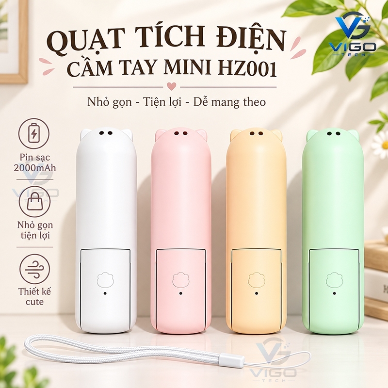 Quạt Tích Điện Mini Cầm Tay Gấp Gọn HZ001 Pin Sạc 2000mAh Tự Động Ngắt Khi Va Chạm
