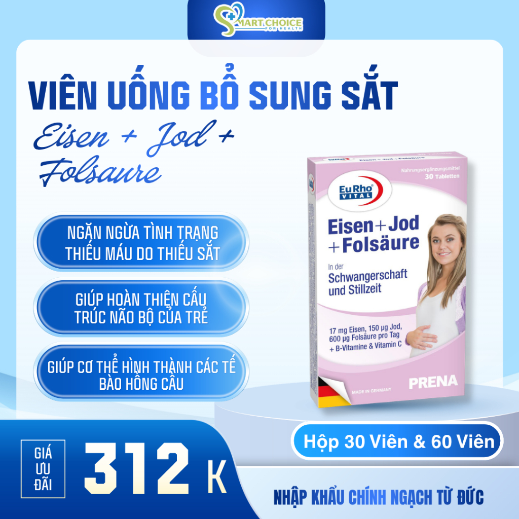 Viên uống bổ sung Sắt cho bà bầu Eisen+Jod+Folsaure EuRho Vital Ngăn thiếu máu giảm nghén và nguy cơ