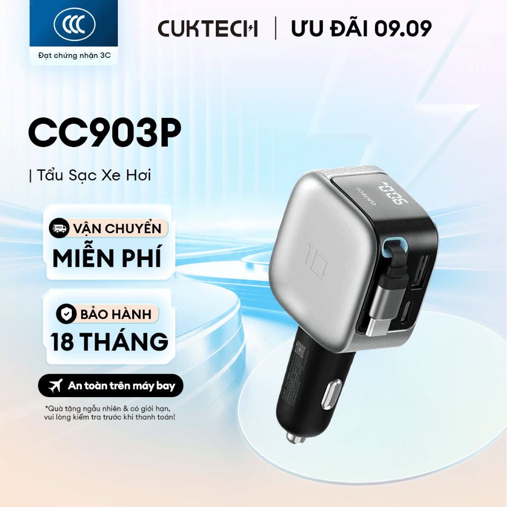 Bộ Tẩu Sạc Xe Hơi CUKTECH CC903P Kèm Cáp C Rút Gọn | 2C1A Công Suất Sạc Max 100W | Bảo hành 18 Tháng