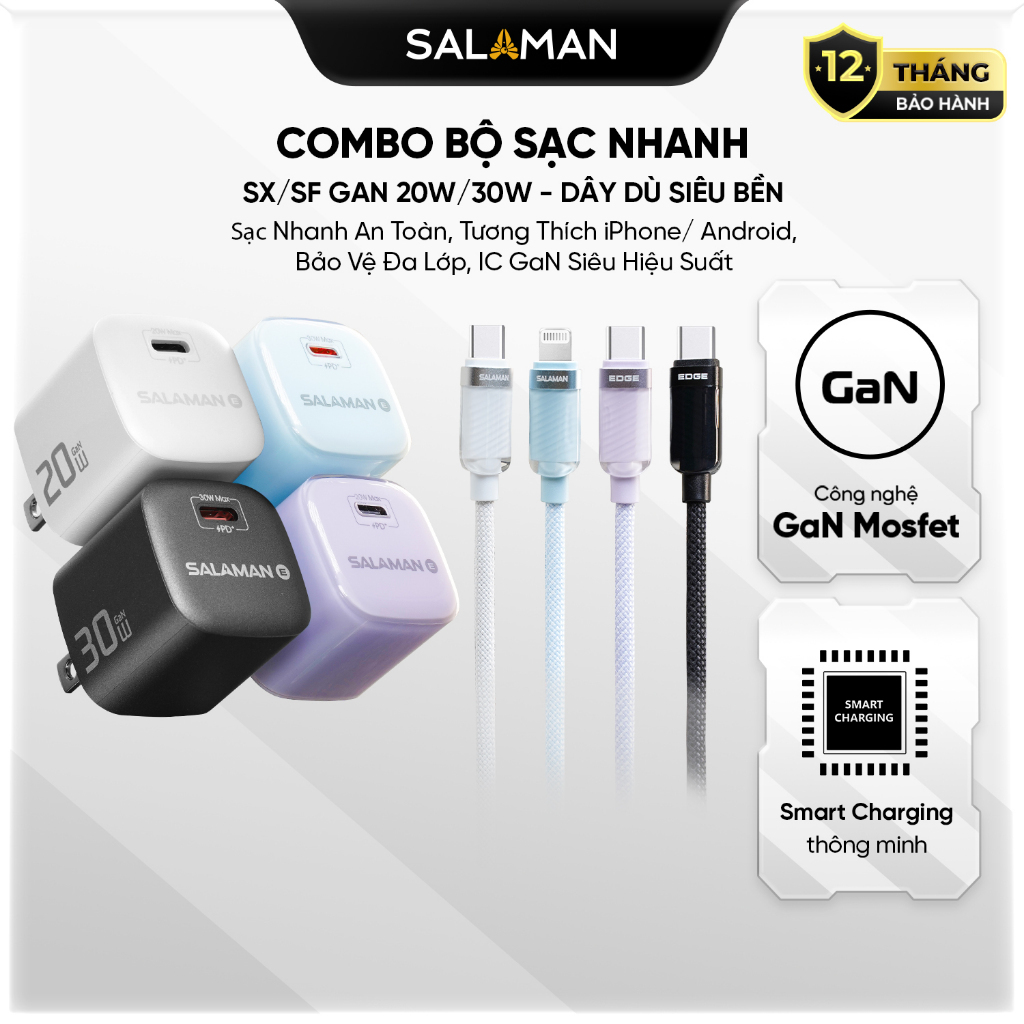 Combo Sạc Nhanh Salaman Củ GaN 20W/30W Kèm Dây Sạc nhanh SF/SX – Tương Thích Mọi Dòng, IC Bảo Vệ 5 Lớp