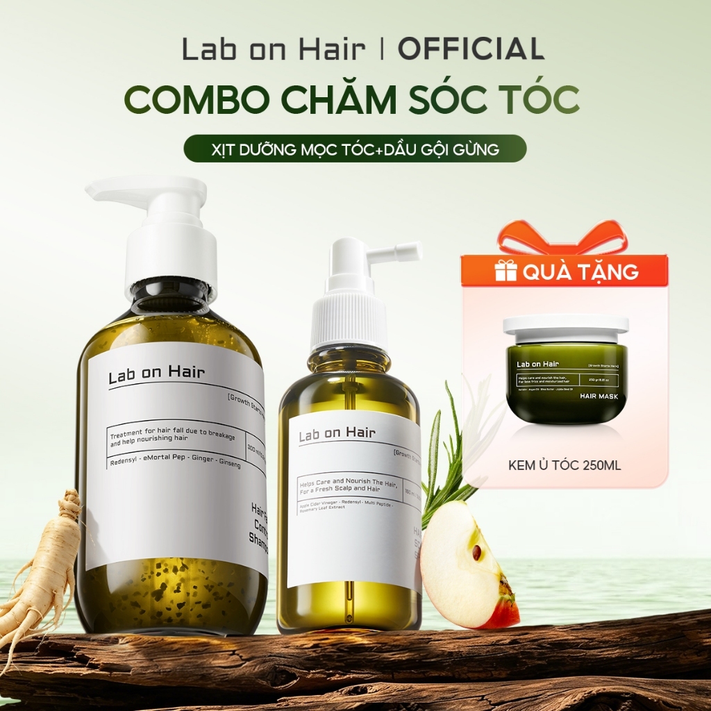 Xịt mọc tóc + dầu gội gừng Lab on Hair hỗ trợ cải thiện tình trạng gẫy rụng tặng 1 Kem ủ tóc