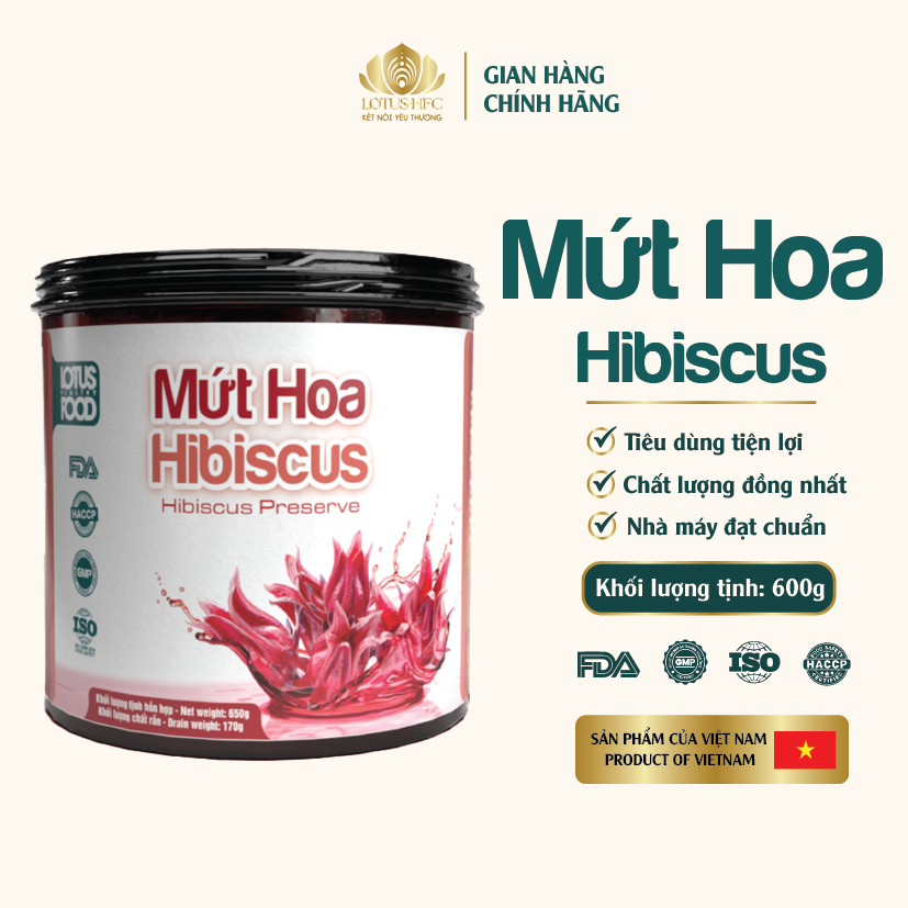 Mứt Hoa Hibiscus Lotus HFC Hộp 650g - Mứt Hoa Atiso Đỏ Nguyên Bông Siro Pha Chế Trà Trái Cây, Trà At