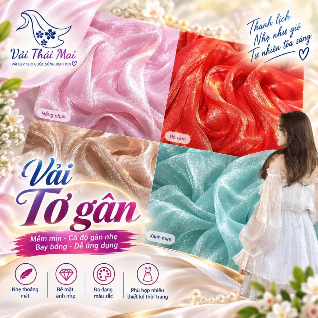 Vải Tơ gân, Vải voan gân sợi óng ánh dùng lên đầm thời trang sự kiện TháiMaiTM