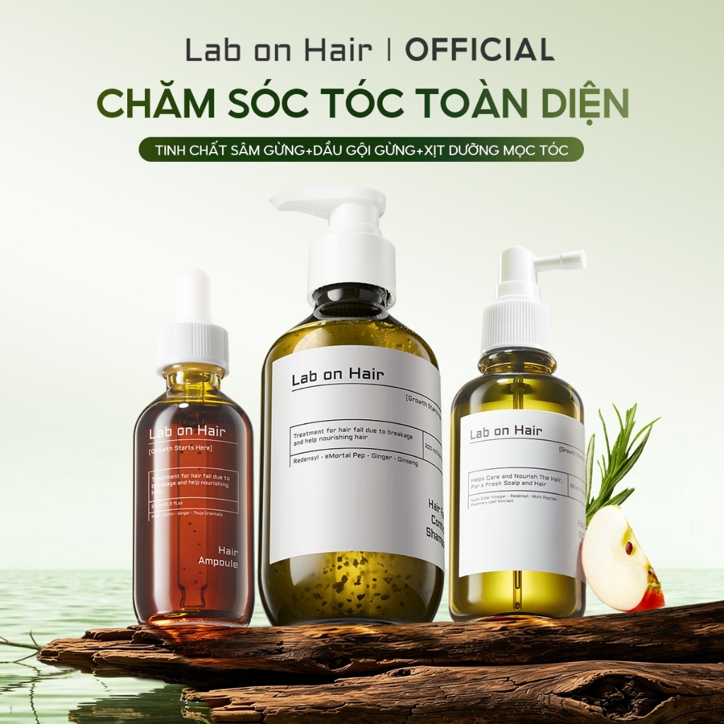 Combo xịt mọc tóc + dầu gội gừng + Tinh chất sâm gừng Lab on Hair  giảm gẫy rụng tóc  160ml+300ml+60