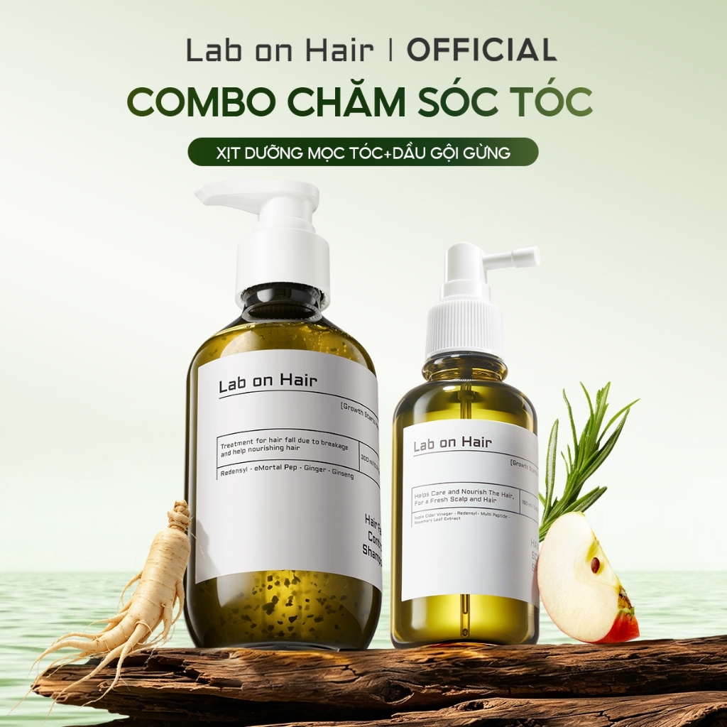 Combo xịt mọc tóc+ dầu gội gừng Lab on Hair dưỡng tóc 160ml+300ml hỗ trợ dưỡng ẩm và cải thiện tình 