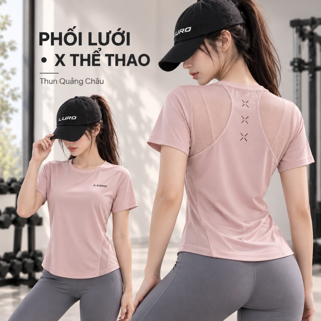 Áo Thể Thao Nữ LURO Tay Ngắn Phối Lưới, Thun Quảng Châu, Áo Tập Gym Yoga Ôm Dáng - A11N