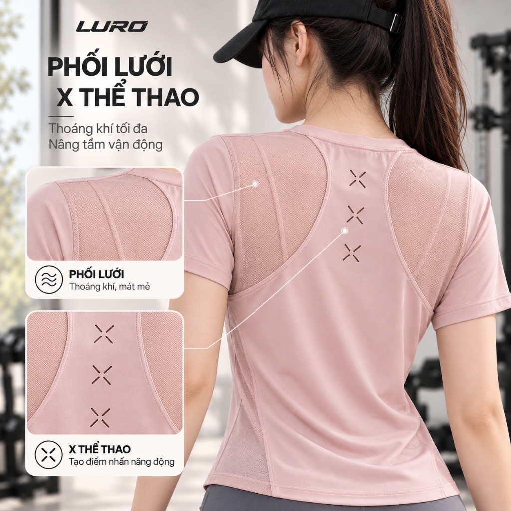 Áo Thể Thao Nữ LURO Tay Ngắn Phối Lưới, Thun Quảng Châu, Áo Tập Gym Yoga Ôm Dáng - A11N 3