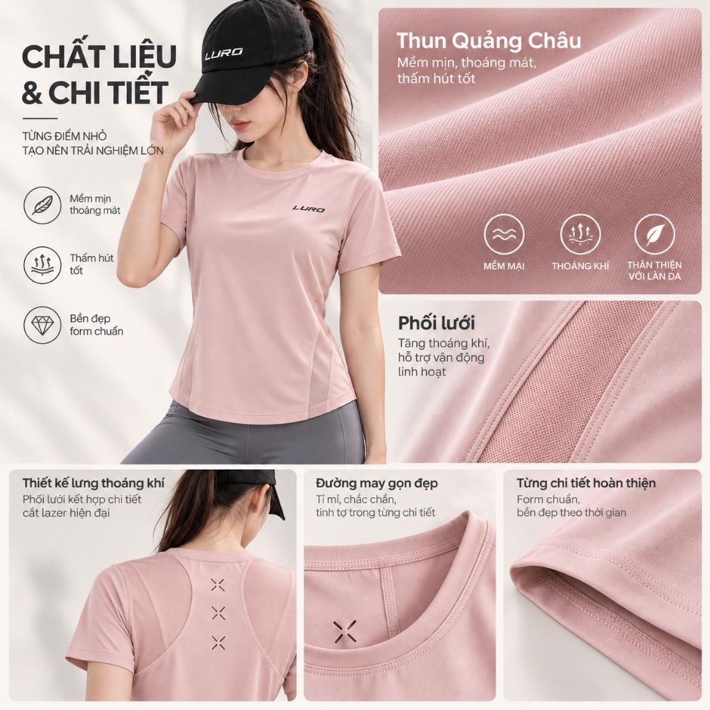 Áo Thể Thao Nữ LURO Tay Ngắn Phối Lưới, Thun Quảng Châu, Áo Tập Gym Yoga Ôm Dáng - A11N 5