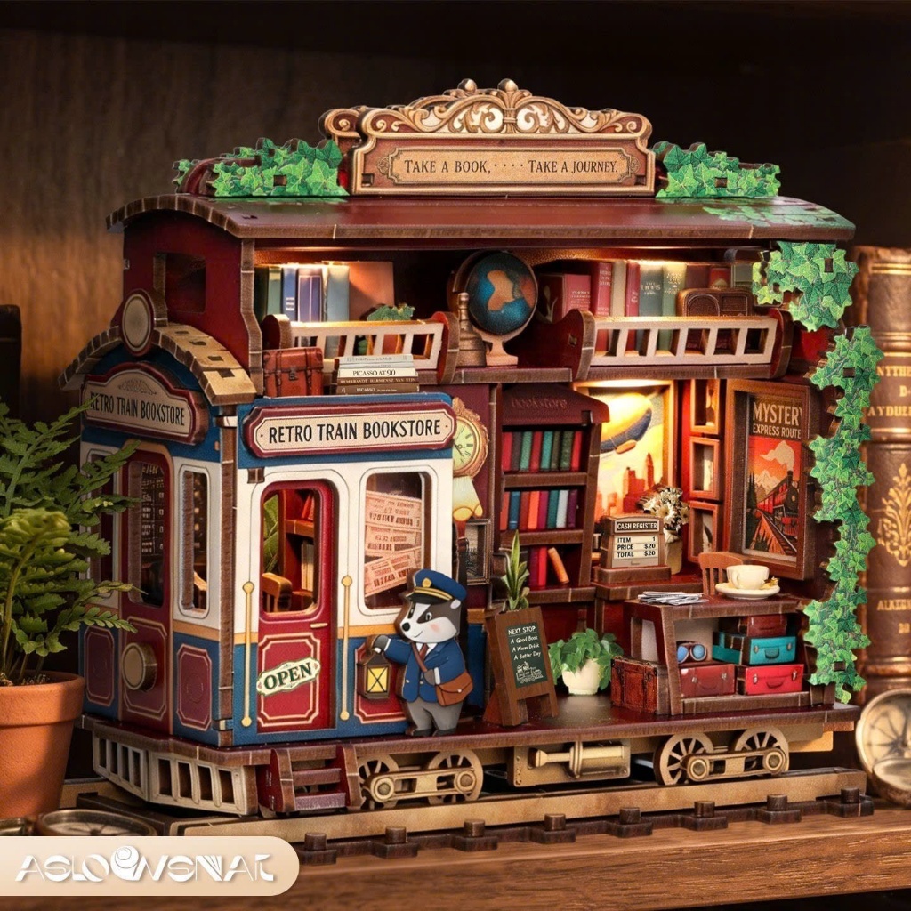 Mô Hình Lắp Ráp "Retro Train Bookstore" ASLOWSNAIL Tiệm Sách Tàu Hỏa | Đèn LED Cảm Ứng