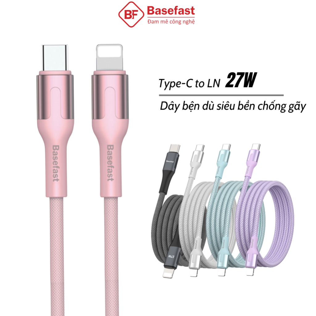 Dây sạc nhanh 20W Basefast cáp sạc PD27W bọc dù siêu bền cho Phone xs xr 11 12 13 14 pro max