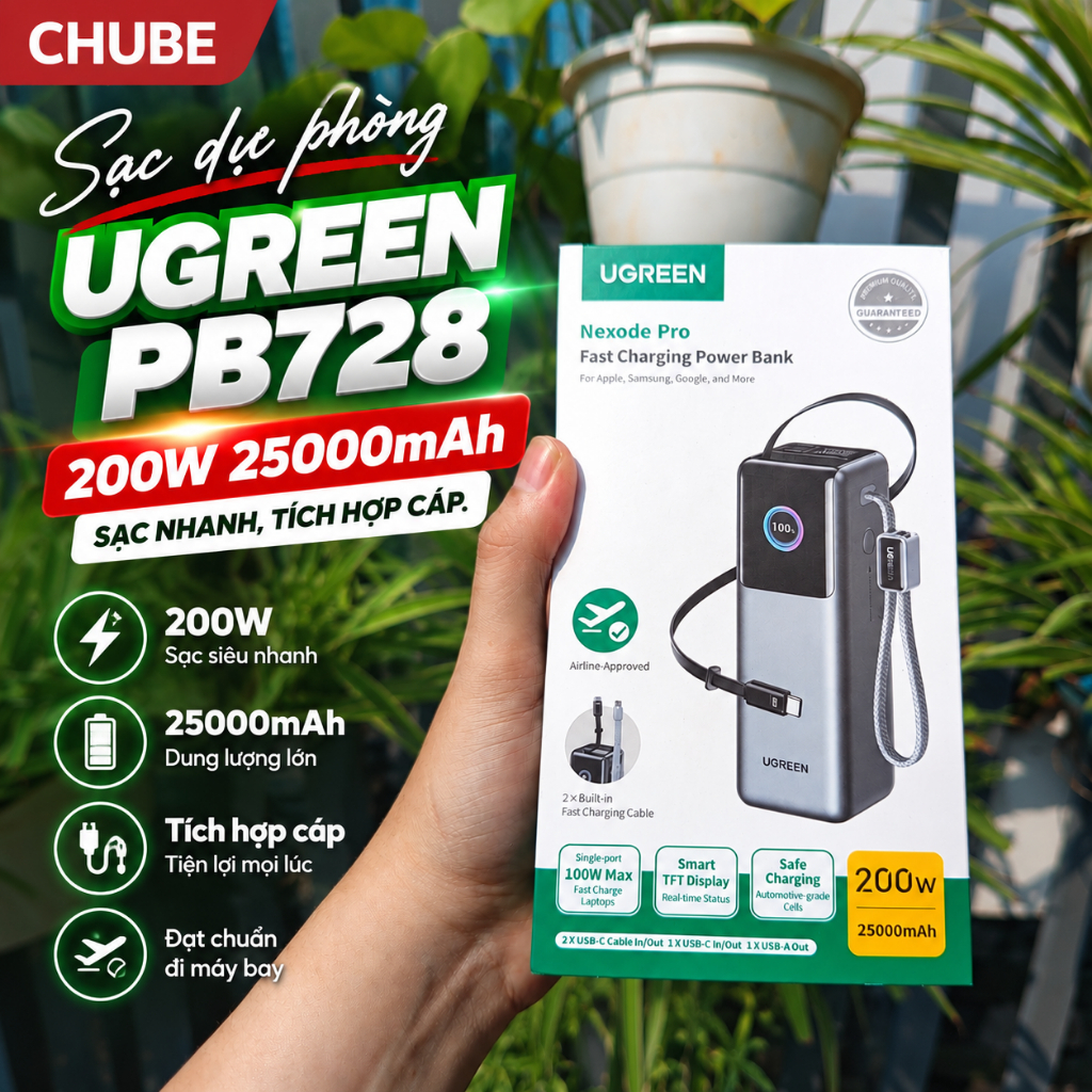 Sạc dự phòng UGREEN PB728 200W 25000mAh, sạc nhanh, tích hợp cáp.