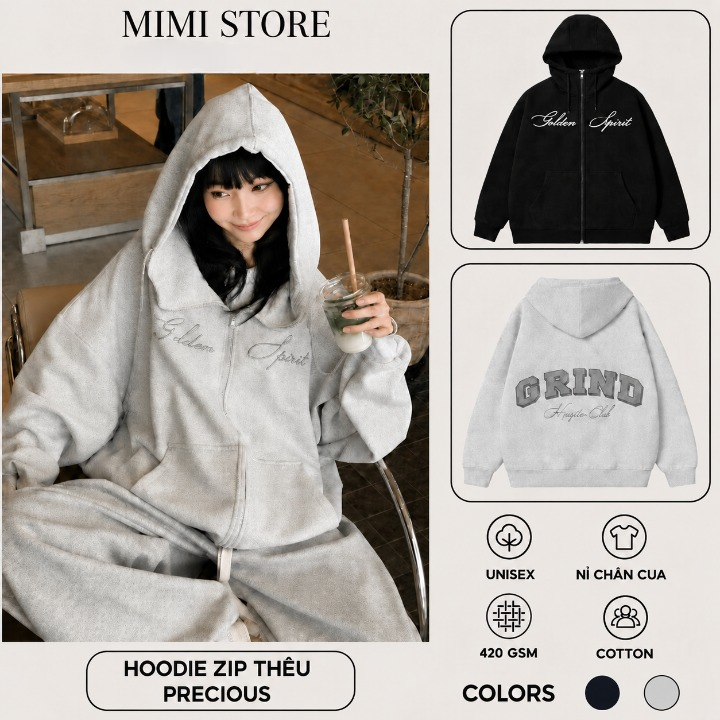 Áo Khoác Hoodie Zip GRIND Nỉ Chân Cua Cổ Cao Thêu Dạ Nổi Chất Nỉ Dày Mềm Mịn Ấm