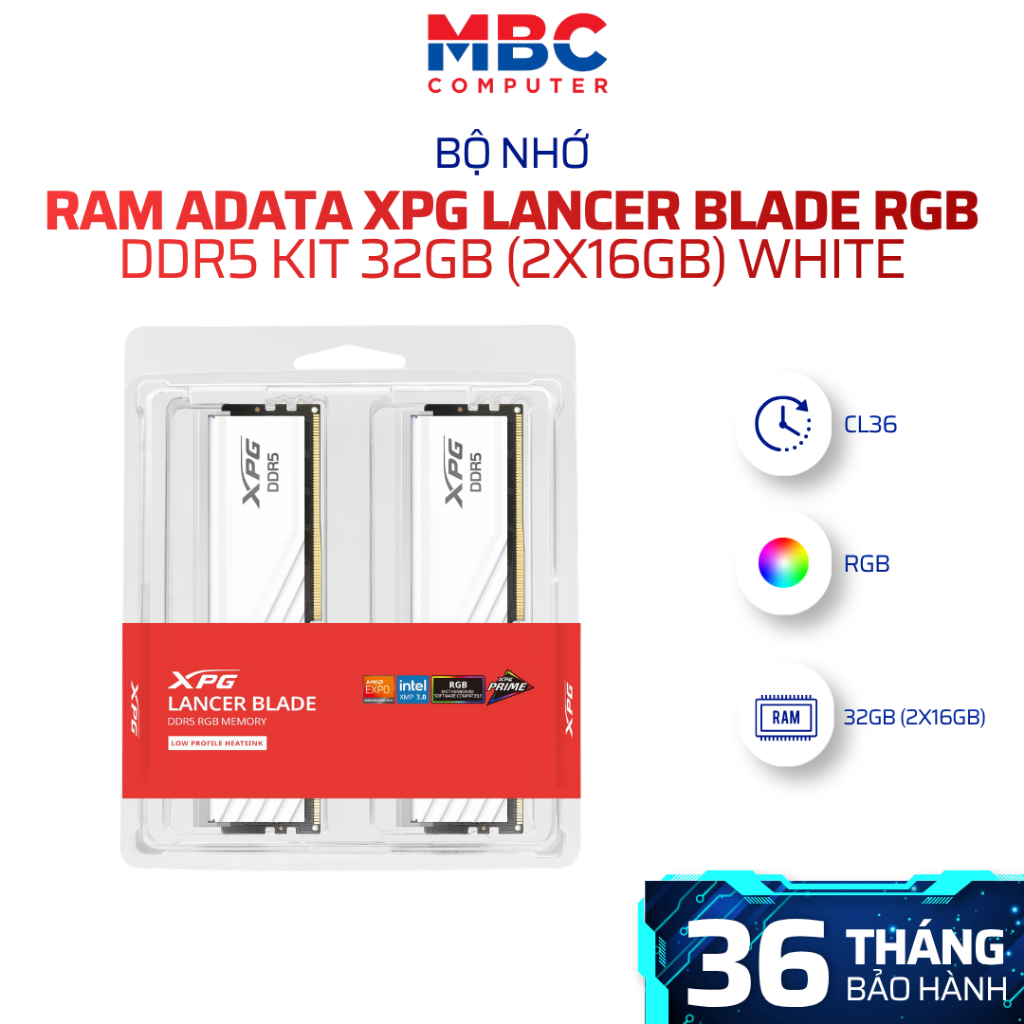RAM ADATA XPG LANCER BLADE RGB DDR5 32GB (2x16GB) 6000MT/s White | Intel XMP 3.0 | AMD EXPO