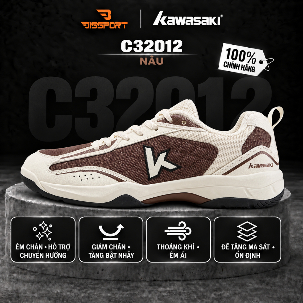 Giày Cầu Lông Kawasaki C32012 Chính Hãng - Trắng Nâu - Chống Lật Tốt - Mềm Mại - Êm Ái - Đế Bám Sàn 