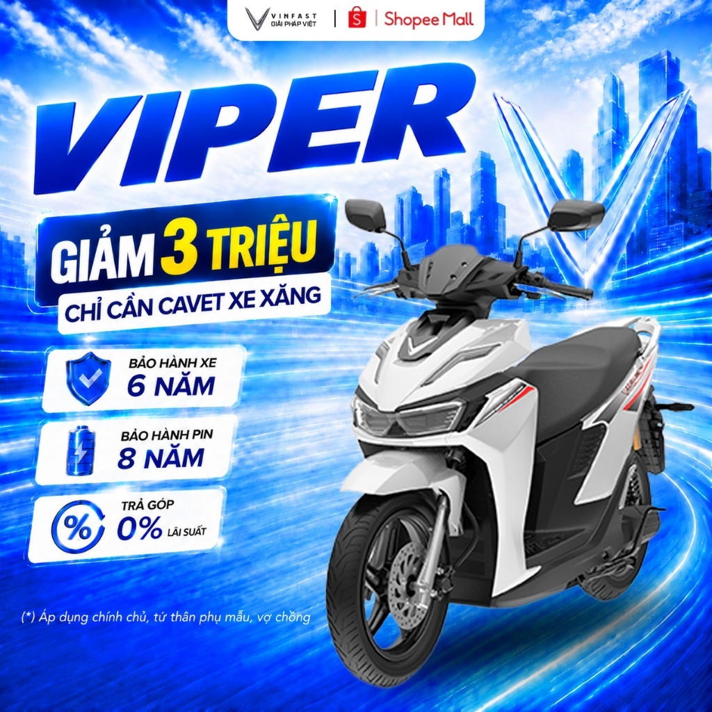 Xe Máy Điện VinFast Viper - Đổi Pin - Khóa SmartKey - Động Cơ 3000w - Thuê Pin
