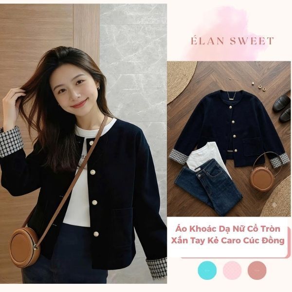 Élan Sweet - Áo Khoác Dạ Nữ Cổ Tròn Xắn Tay Kẻ Caro Cúc Đồng - Áo Khoác Thu Đông Phong Cách Hàn Quốc