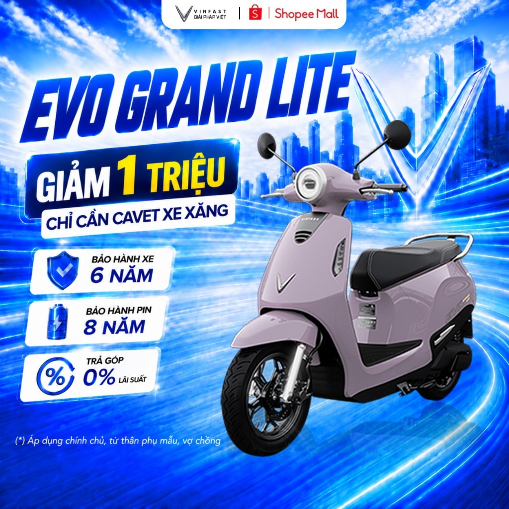 [NHẬN TẠI HCM] - Xe Máy Điện VinFast Evo Grand Lite - Pin LFP - Không cần GPLX