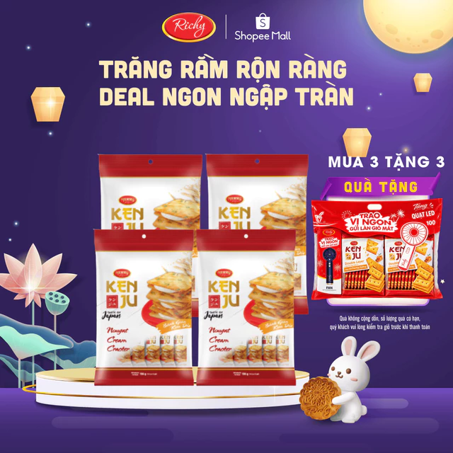 [TẶNG QUÀ ĐƠN TỪ 135K] Combo 4 túi bánh quy kem dẻo Kenju 186g, Bánh Quy Nougat, Bánh Kẹo Richy