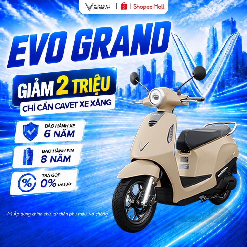 [NHẬN TẠI HCM] Xe Máy Điện VinFast Evo Grand - 262km/sạc