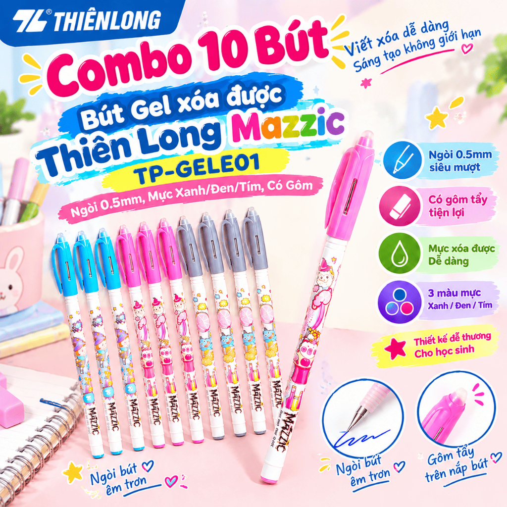 Combo Bút gel xóa được Thiên Long TP-GELE01 ngòi 0.5m xanh/đen/tím, bút mực…