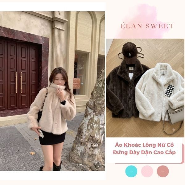 Élan Sweet - Áo Khoác Lông Nữ Cổ Đứng Dày Dặn Cao Cấp - Áo Khoác Lông Thỏ Nhân Tạo Mềm Mịn Sang