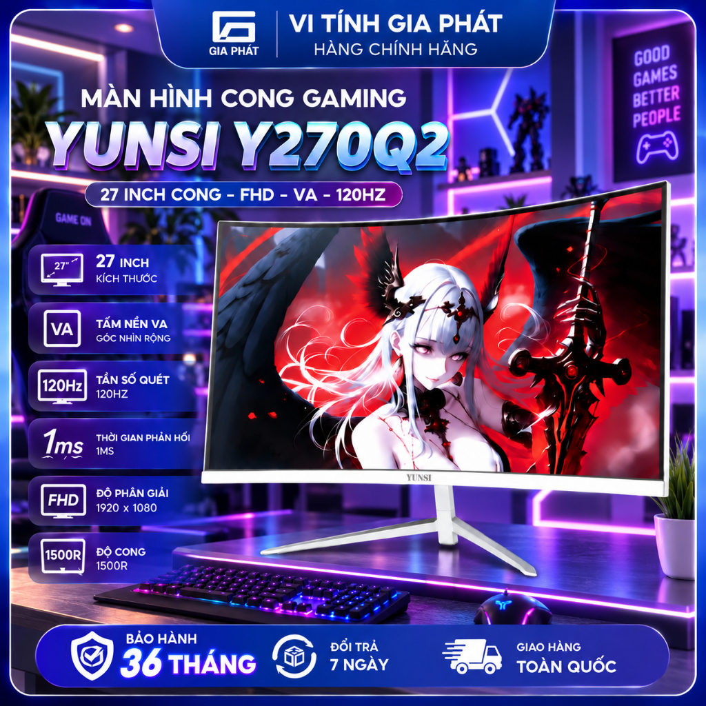 Màn hình Cong 27inch Gaming Yunsi Y270Q2 Trắng/Đen (27 inch Cong, FHD, VA, 120Hz) Bảo hành hãng 36T