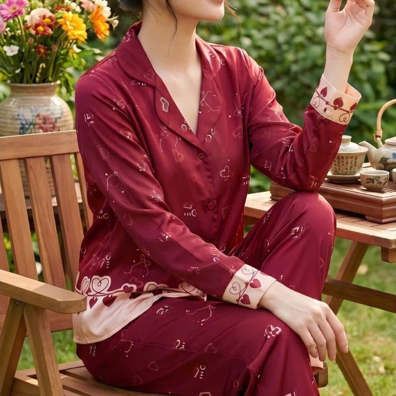 Bộ Pijamas Dài Tay Lụa Hàn Châu Nơ Mận 04, ForMe Pijamas