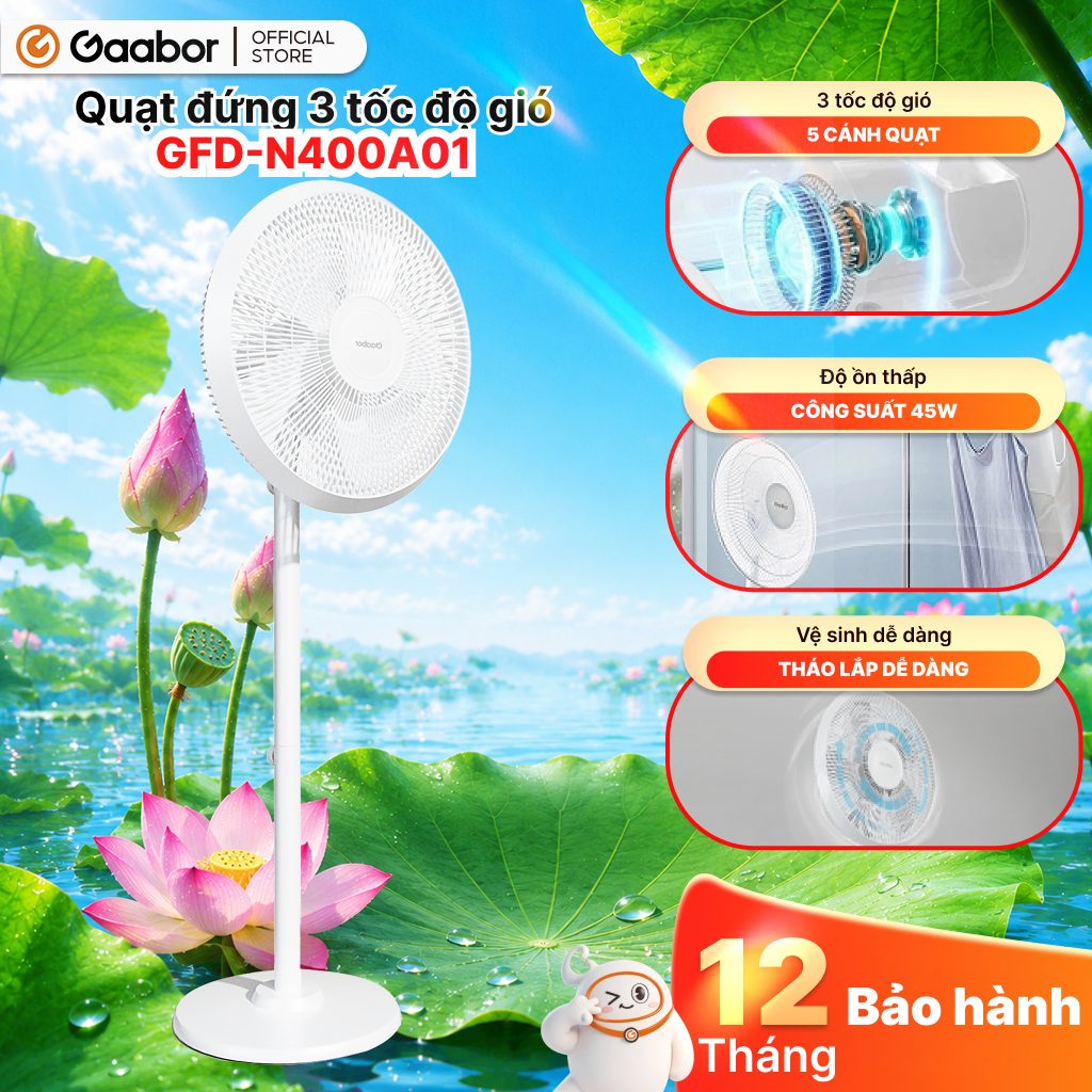 Quạt cây đứng Gaabor FM430M-WH05A / GFD-N400A01 xoay tự động tuần hoàn có 3 chế độ gió tùy chỉnh