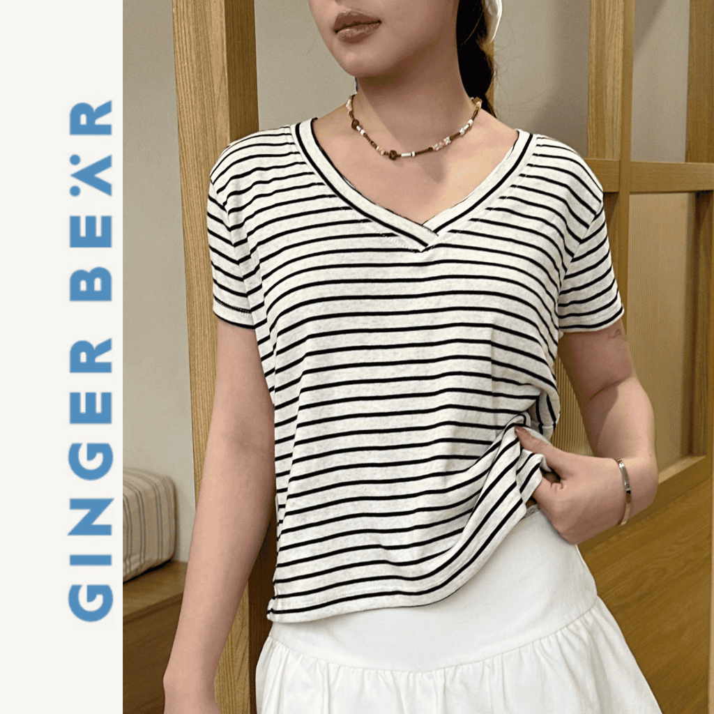 Áo Thun Nữ Cổ V GINGERBEAR Vanilla V Tee Dáng Rộng Freesize Dưới 60kg