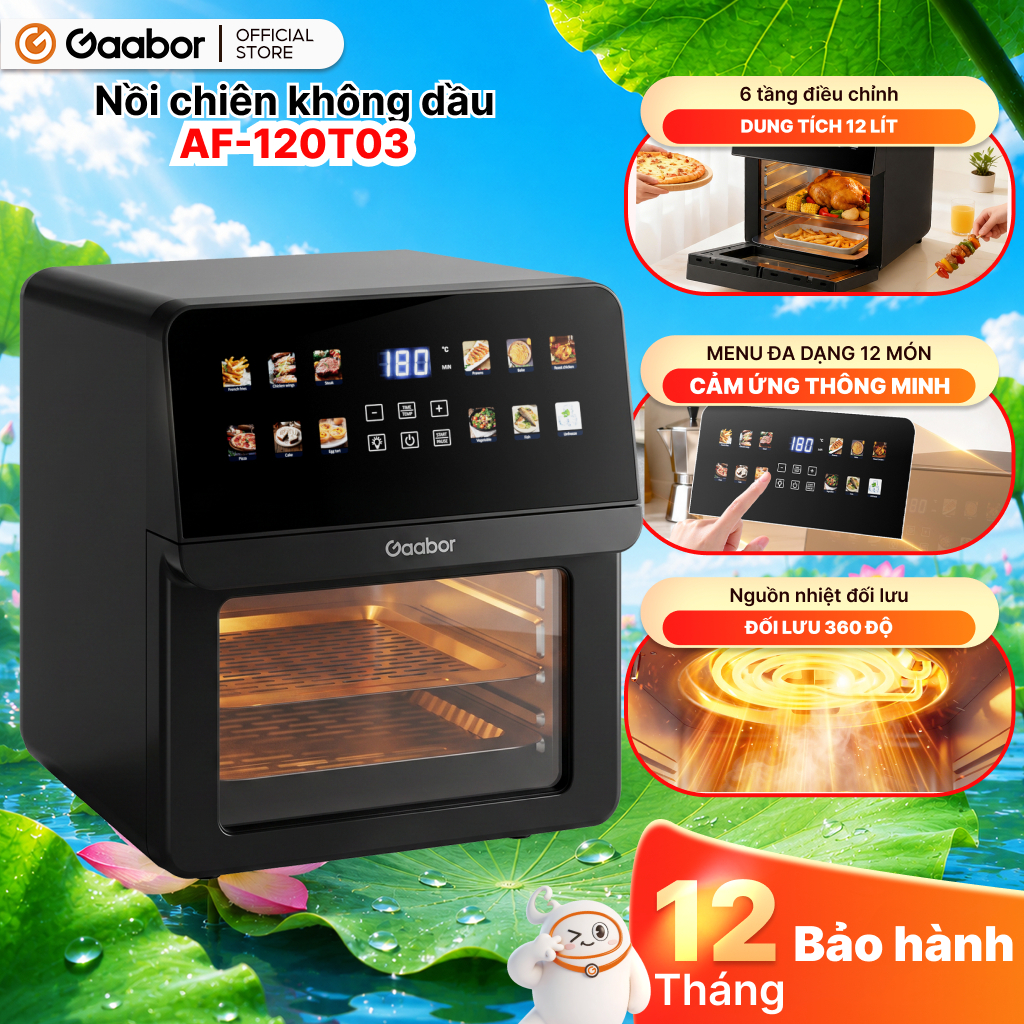 Nồi chiên không dầu Gaabor AF65T-BK01A AF-120T03 6.5L 12L công suất 1700W cửa kính trong có đèn cảm 