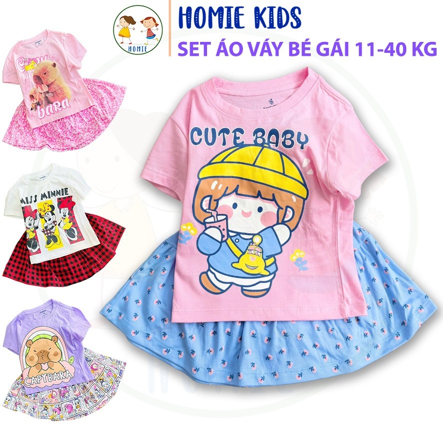 Bộ áo váy bé gái 11-40 kg set đồ trẻ em size đại áo thun cotton chân váy liền quần in melody công ch