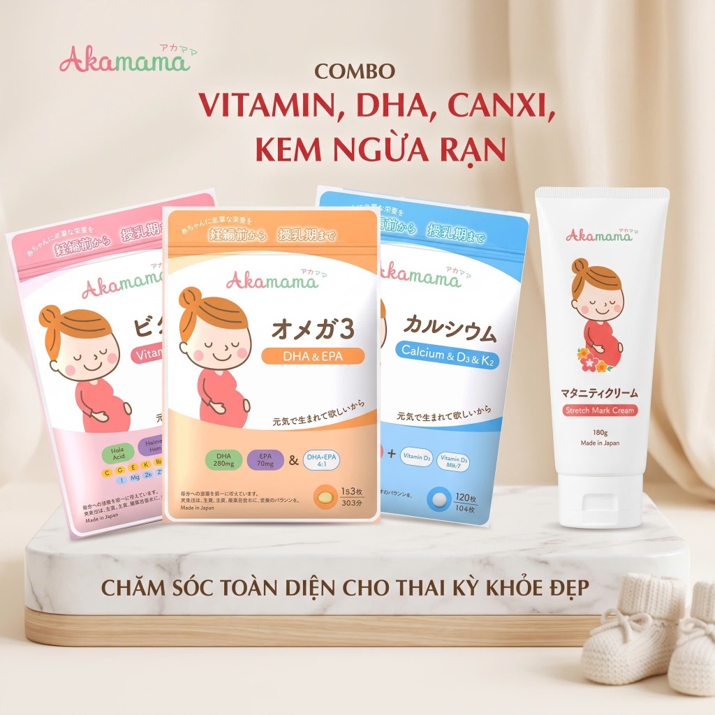 Combo Chăm Sóc Toàn Diện Mẹ Bầu & Bé Akamama, Nhật Bản: 1 Kem Ngừa Rạn, 1 Vitamin, 1 DHA, 1 Canxi