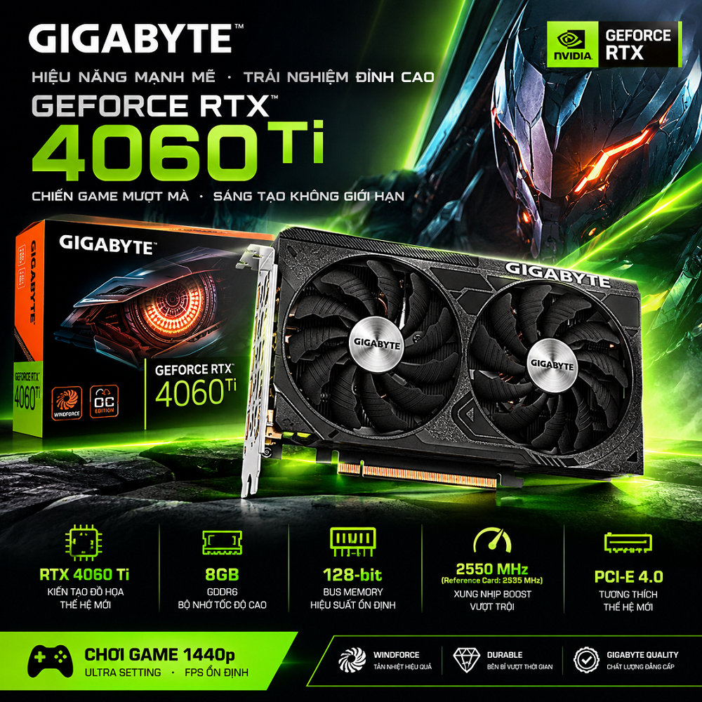 Card màn hình GIGABYTE GeForce RTX 4060 Ti 8GB WINDFORCE OC