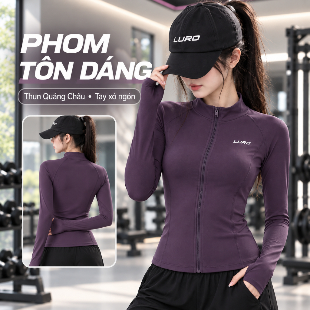Áo Khoác Thể Thao Nữ LURO A3D Tay Xỏ Ngón Ôm Dáng Khóa Kéo Thun Quảng Châu Gym Yoga