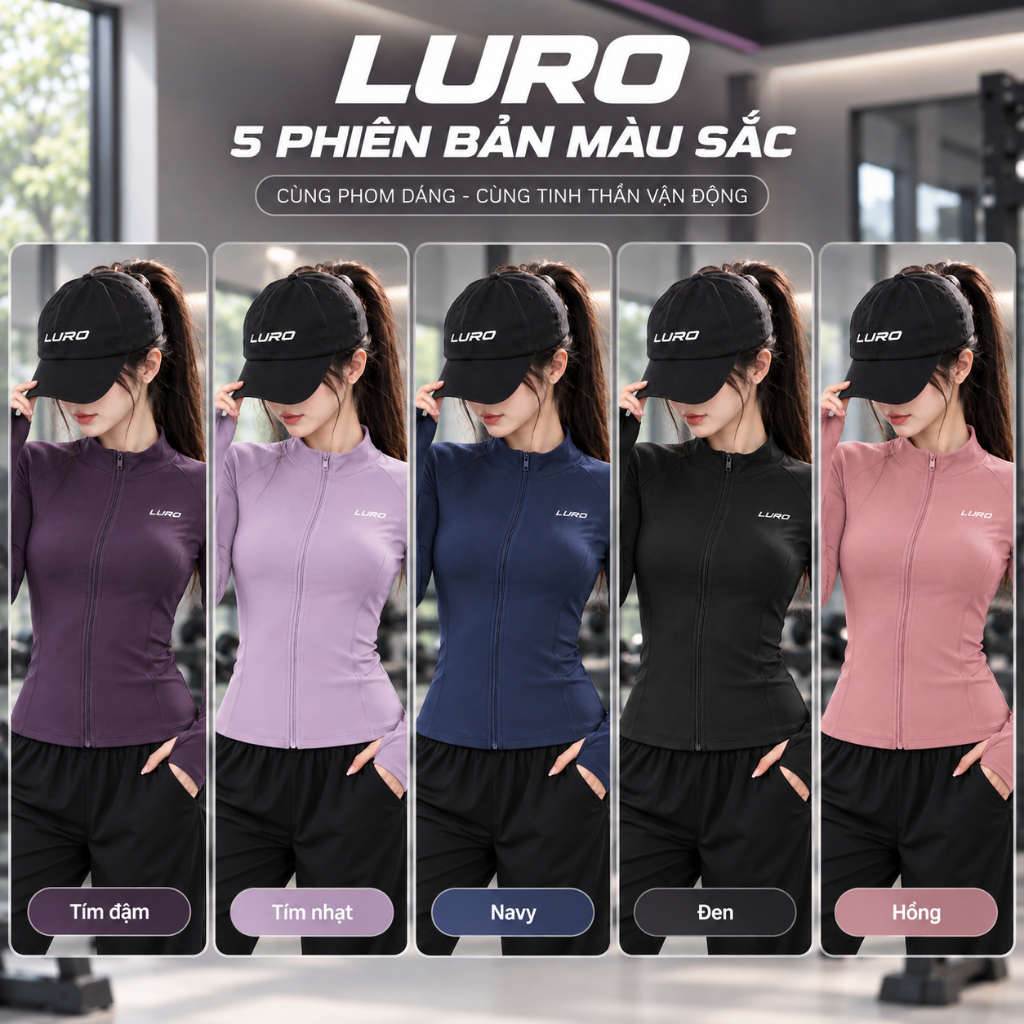 Áo Khoác Thể Thao Nữ LURO A3D Tay Xỏ Ngón Ôm Dáng Khóa Kéo Thun Quảng Châu Gym Yoga 6