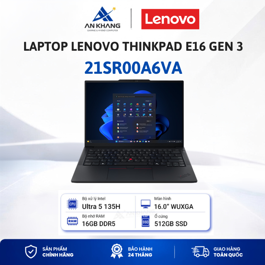 Laptop Lenovo ThinkPad E16 Gen 3 21SR00A6VA( Ultra5-135H, 16GD5, 512GSSD, 16"WUXGA, NoOS, ĐEN) Bảo h
