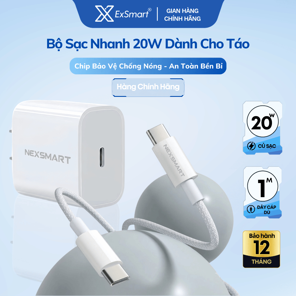 Bộ Sạc Nhanh Type C 20W Exsmart Chính Hãng Dây Bọc Dù Chip Bảo Vệ Chống Nóng…