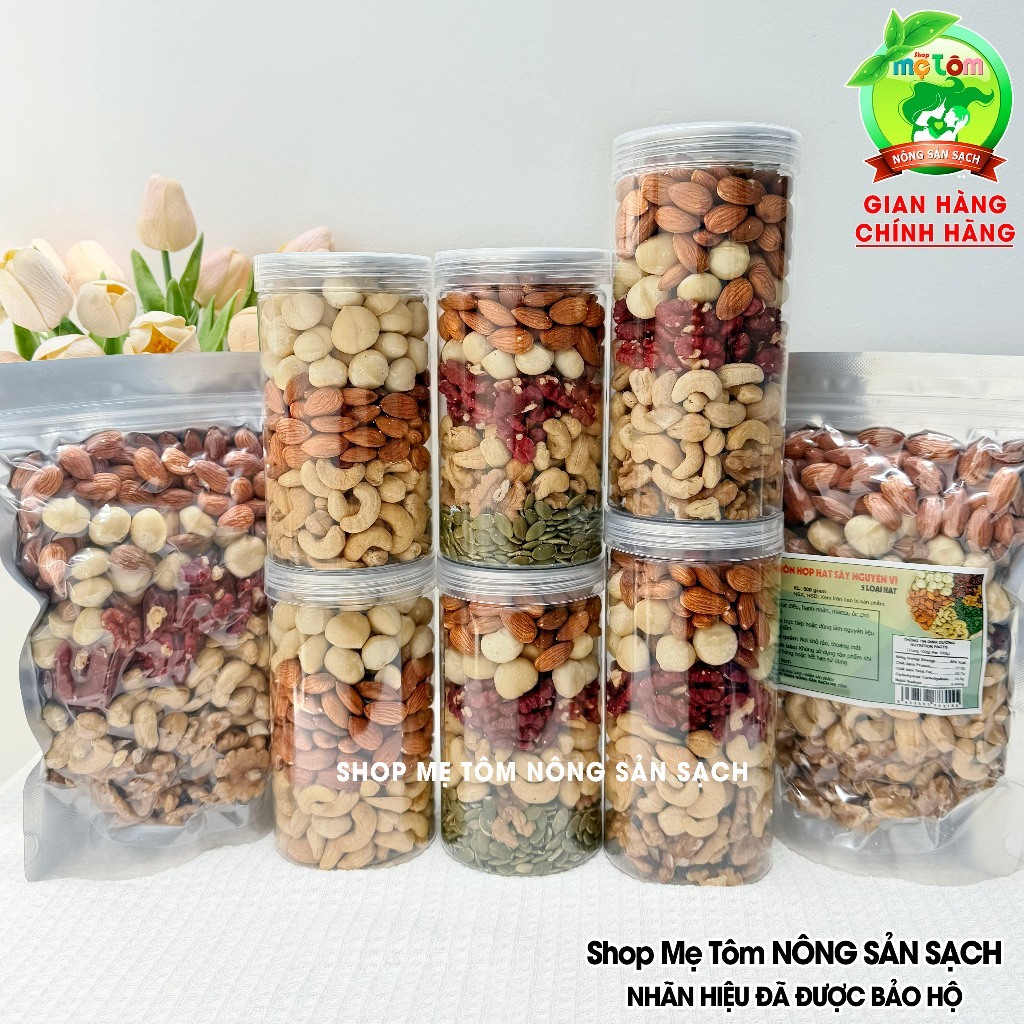 500Gram Hạt mix sấy nguyên vị gồm Macca, Hạnh nhân, Hạt điều, Óc chó đỏ, Óc chó vàng, Hạt bí, ăn liền hoặc làm sữa hạt