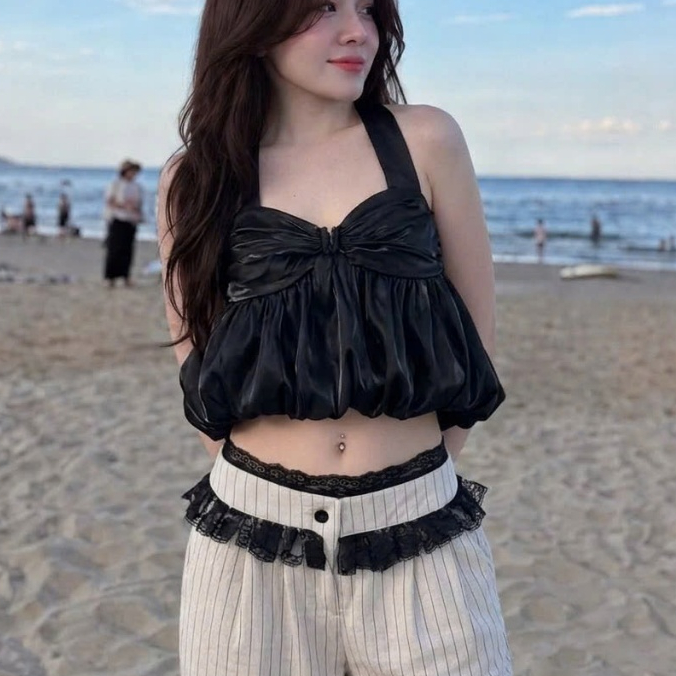 P420 - Áo yếm cột cổ dáng babydoll croptop thời trang