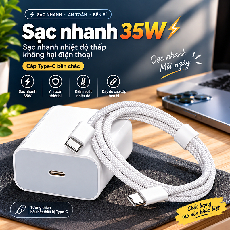 Bộ Củ Sạc Nhanh 35W Kèm Cáp Type-C To Type-C | Sạc PD 35W Cho Điện Thoại, Máy Tính Bảng