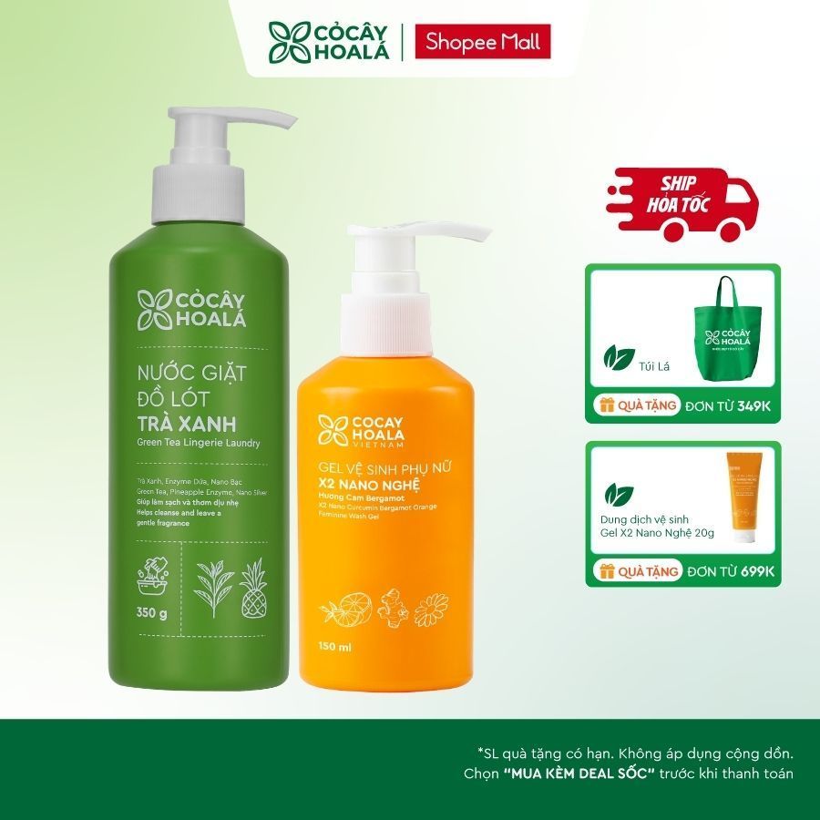 [HỎA TỐC] COMBO Dung Dịch Vệ Sinh x2 Nano Nghệ 150ml Phiên Bản Mới + Nước Giặt Đồ Lót Trà Xanh Cỏ Câ