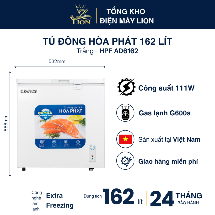 Tủ đông Hòa Phát HPF AD6162 162 lít 1 ngăn 1 cánh Extra Freezing -30°C dàn đồng