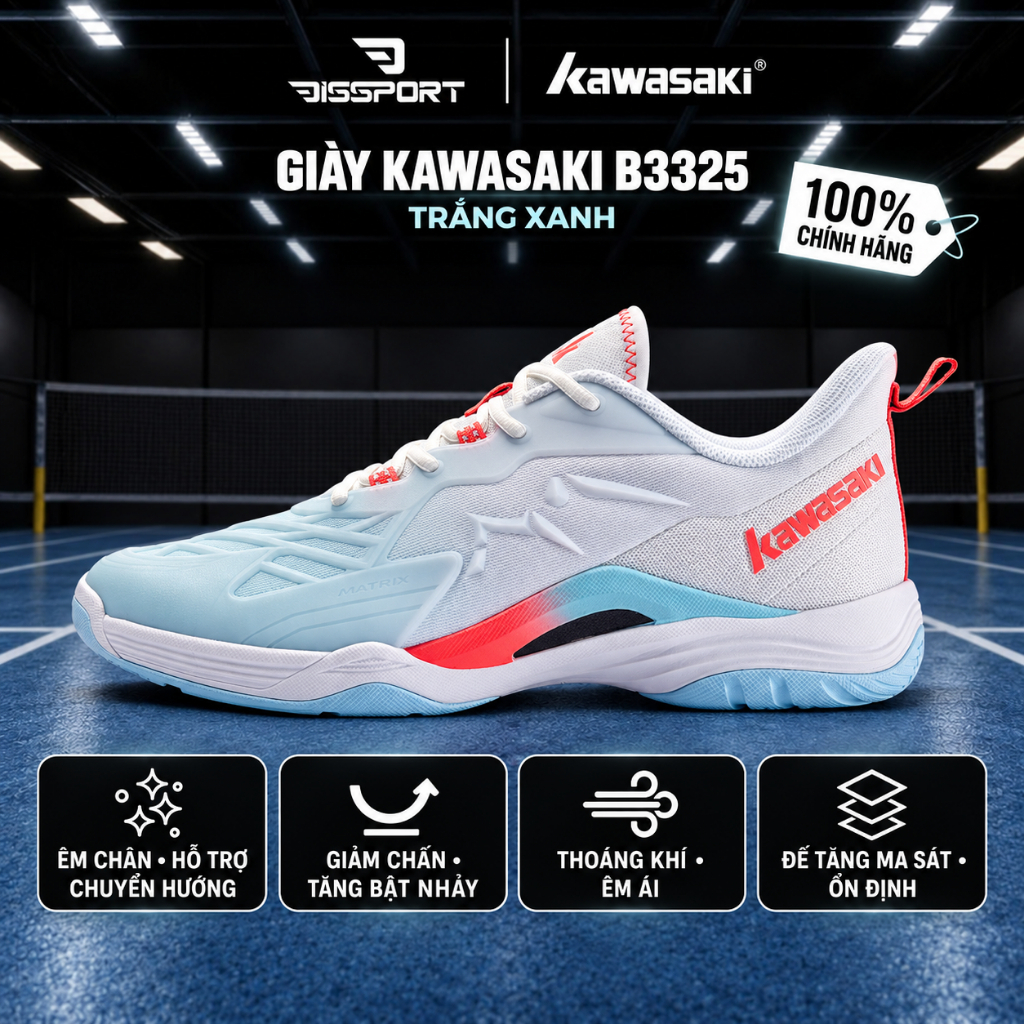 Giày Cầu Lông Kawasaki B3325 Trắng Xanh Chính Hãng 100% -Siêu Nhẹ, Chống Trượt Hoàn Hảo,Giày Êm Ái V