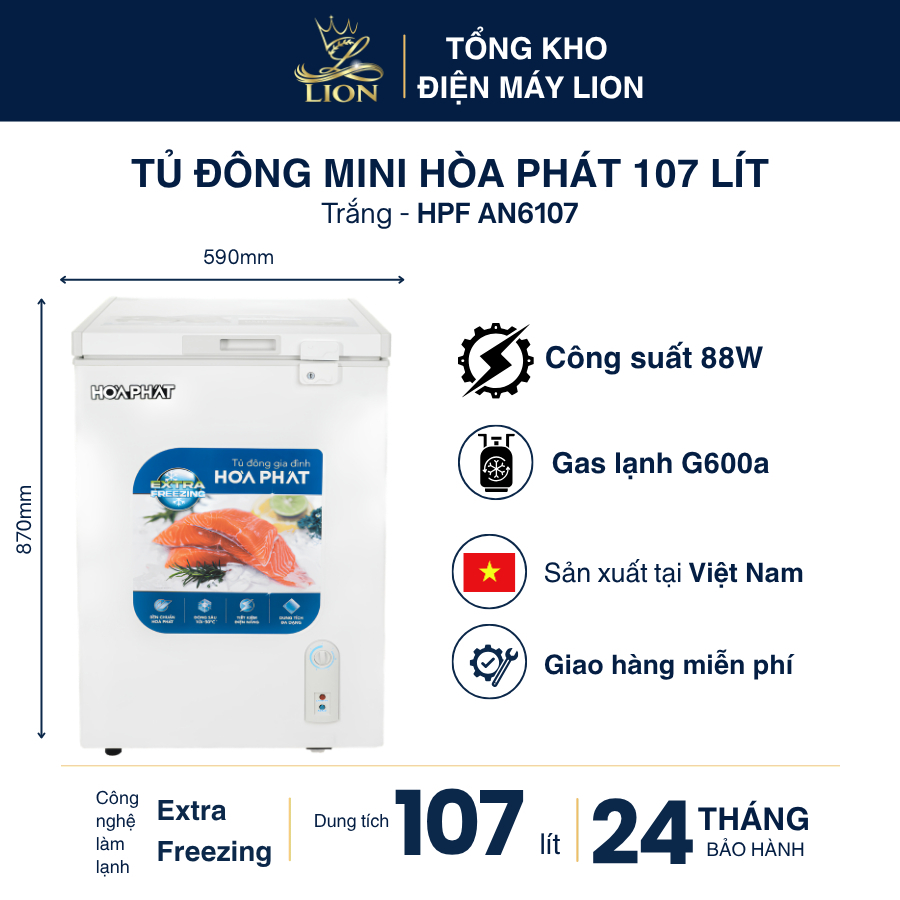 Tủ đông mini Hòa Phát HPF AN6107 107 lít 1 ngăn 1 cánh Extra Freezing đông sâu -30 độ C dàn lạnh nhô